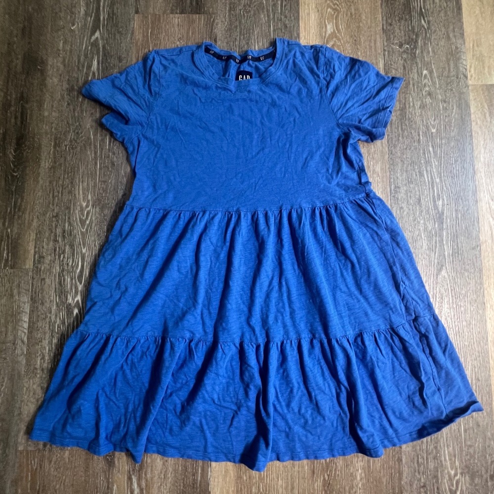 GAP Tiered T-Shirt Dress Womens Large Blue Short Sleeve Slub Cotton‎ Mini